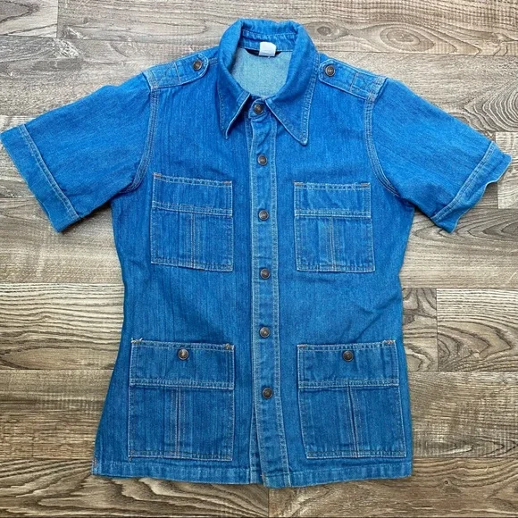 Vintage 1970s Red Snap Denim Utility Shirt - Picture 13 of 14